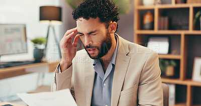 Buy stock photo Headache, document and businessman in office with burnout, stress and fatigue for brain fog. Exhausted, finance report and male financial manager with migraine for mistake on company budget plan.
