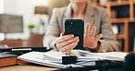 Phone, hands and scroll with woman in home office for account manager, financial advisor or communication. Virtual consultant, client portfolio and update with closeup of person for contact and email