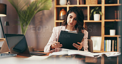 Buy stock photo Woman, reading and tablet in office for business, legal research and communication. Lawyer, technology and consultant in law firm for case study, planning agenda and article report for information