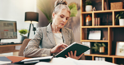 Buy stock photo Woman, typing and tablet in office for business, legal research and communication. Mature lawyer, technology and scroll in law firm for case study, planning agenda and reading article for information