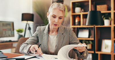 Buy stock photo Reading, paperwork and mature business woman with accounting budget, bookkeeping and finance report. Auditor, check document and serious manager in office for revenue, income or payroll information