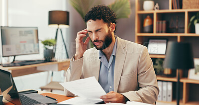 Buy stock photo Headache, paperwork and businessman in office with burnout, stress and fatigue for brain fog. Exhausted, finance report and male financial manager with migraine for mistake on company budget plan.