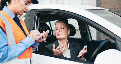 Buy stock photo Woman, police and writing fine for car speeding, ticket warning and law violation of crime. Mature person, confused and officer with vehicle stop of penalty fee, bad driving and and question payment 