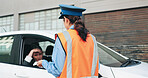 Stress, woman and officer with car ticket penalty, speeding warning and mistake of traffic violation. Mature person, police and unhappy with vehicle fine, public safety and payment note for crime fee