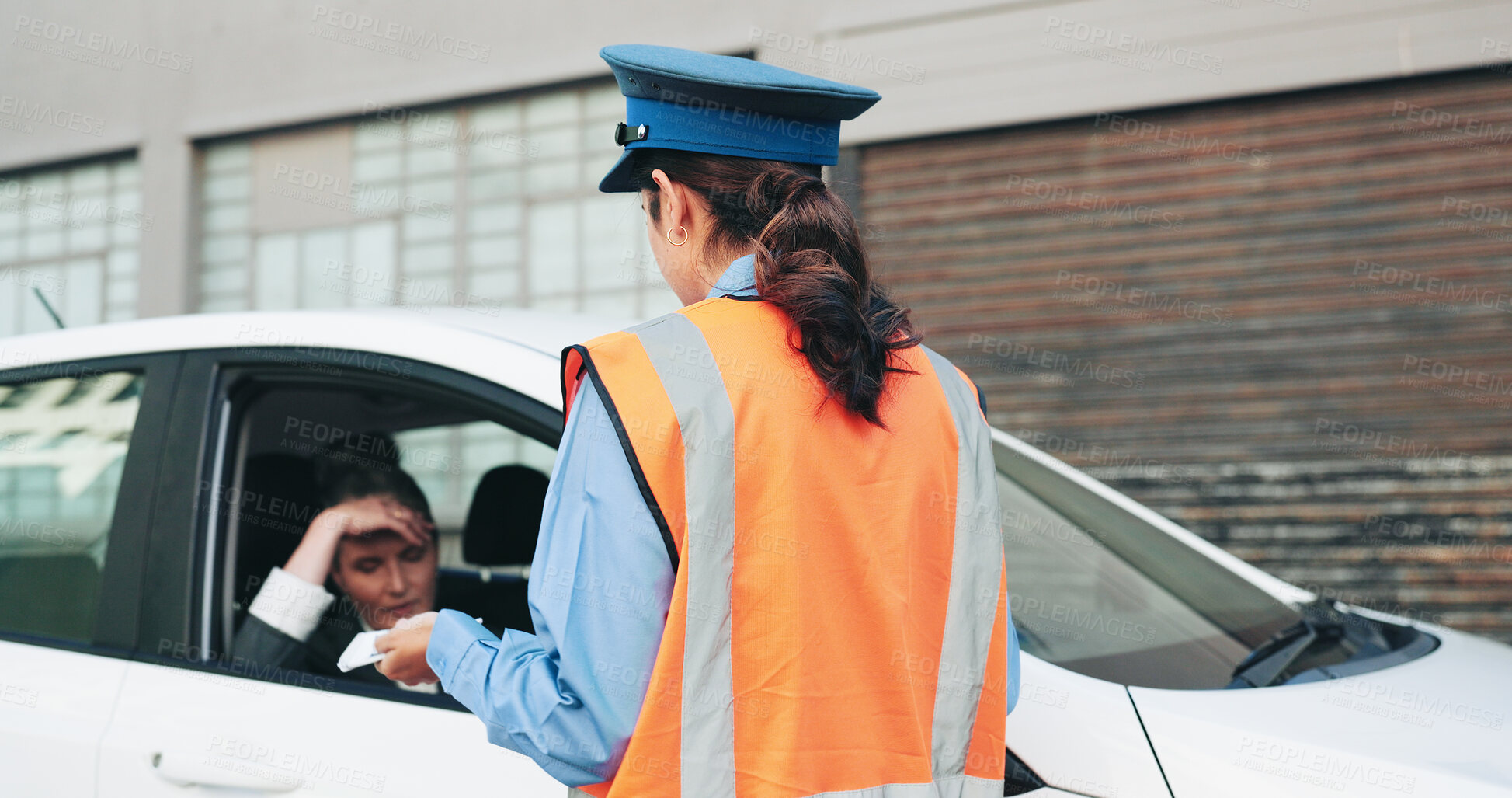 Buy stock photo Stress, woman and officer with car ticket penalty, speeding warning and mistake of traffic violation. Mature person, police and unhappy with vehicle fine, public safety and payment note for crime fee