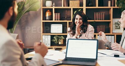 Buy stock photo Business people, meeting and success with celebration for collaboration, accept corporate proposal or funding approval. Bonus, promotion or team achievement with cheers, laptop screen and winning