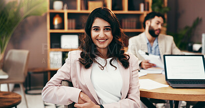 Buy stock photo Portrait, corporate and happy business woman in office with pride, ambition and attorney coworking at law firm. Smile, confidence and professional employee at work, lawyer and legal representative