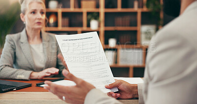 Buy stock photo Business people, lawyer and documents with testimony for court justice, agreement or policy at office. Attorney, client and discussion with paperwork for case representation, legal law or evidence