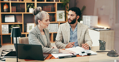 Buy stock photo Business, people and meeting with paperwork in office for legal advice, information and review case. Mature woman, attorney and documents for settlement, company contract and procedure for management