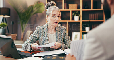 Buy stock photo Business, people and talking with documents in office for legal consulting, planning and corporate advice. Mature woman, attorney and paperwork for settlement, information and procedure of management