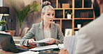 Business, people and talking with documents in office for legal consulting, planning and corporate advice. Mature woman, attorney and paperwork for settlement, information and procedure of management