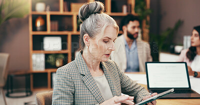 Buy stock photo Business, tablet and mature woman in office for research, online budget review and finance proposal. Professional, accountant and person on digital tech for website, financial consultant and planning