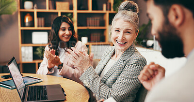 Buy stock photo Applause, laptop and business people in office for meeting with creative project in collaboration for publishing. Clapping hands, computer and editors with manager for feedback or review in workplace