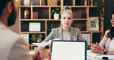 Buy stock photo Business, people and meeting with documents in office for legal consulting, planning or corporate advice. Mature attorney, tech screen and paper for settlement, information or procedure of management