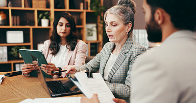 Buy stock photo Discussion, laptop and business people in office with creative project in collaboration for publishing. Meeting, computer and group of editors with manager for feedback, review or advice in workplace