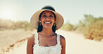 Woman, travel or outdoor with portrait for fashion, happy or confidence in nature. Girl, accessories or summer style in desert for tourism vacation, sun protection or smile in Puerto Rico countryside