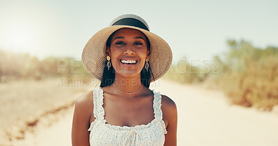 Buy stock photo Woman, travel or outdoor with portrait for fashion, happy or confidence in nature. Girl, accessories or summer style in desert for tourism vacation, sun protection or smile in Puerto Rico countryside