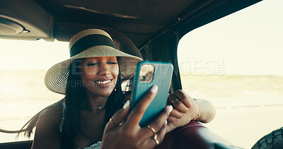 Buy stock photo Road trip, smile and woman with smartphone, car and sightseeing of desert, travel and summer holiday. Commuting, influencer and person with mobile for social media post, photography and tourism