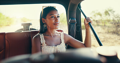 Buy stock photo Road trip, passenger and woman with travel in car for safari adventure, sightseeing and journey in countryside. Exploring, tourist and driving in nature for holiday tour, weekend break and getaway