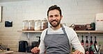 Happy, barista and portrait of man in coffee shop for espresso machine, waiter and small business manager. Restaurant, cafeteria and hospitality with person in cafe for server, smile and about us