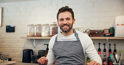 Buy stock photo Happy, barista and portrait of man in coffee shop for espresso machine, waiter and small business manager. Restaurant, cafeteria and hospitality with person in cafe for server, smile and about us