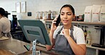 Happy woman, barista and tablet with phone call at cafe counter for small business or online order. Female person, bistro or employee with smile on mobile smartphone for reservation at coffee shop