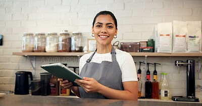Buy stock photo Portrait, woman and waiter with tablet at cafe for menu update, online orders and inventory management. Person, digital and website reviews, review stock and checklist report for hospitality industry