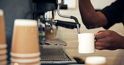 Buy stock photo Milk, machine and hands of barista in cafe with coffee preparation, cappuccino order and brewing process. Hospitality industry, person and frother for latte beverage, mocha blend and customer service