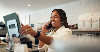 Buy stock photo Happy woman, cafe and tablet with phone call for small business, online order or purchase. Female person, barista or bistro with smile on mobile smartphone for reservation or booking at coffee shop