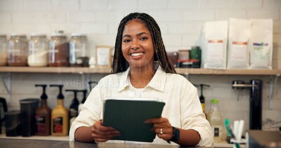 Buy stock photo Smile, portrait and woman on tablet at cafe for menu update, online orders and inventory management. African person, digital and shop website, review stock and checklist report of hospitality service