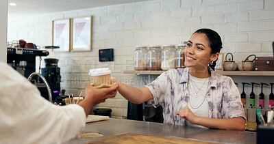 Buy stock photo Cafe, barista and woman with coffee, serving and smile for customer service, giving and hospitality. Small business, waitress and person with latte for consumer, happy and checkout for takeaway