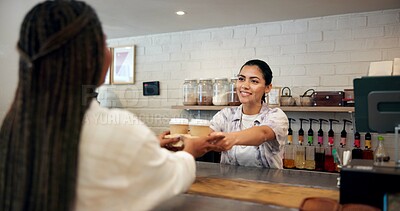 Buy stock photo Cafe, customer and woman with coffee, serving and smile for purchase in store, giving and hospitality. Small business, waitress and person with latte for consumer, happy and checkout for takeaway