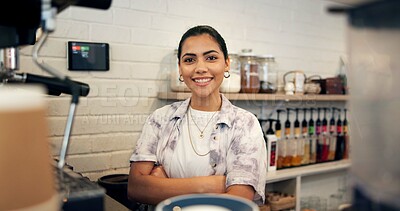 Buy stock photo Smile, barista and portrait of woman in coffee shop for espresso machine, waitress and small business manager. Restaurant, cafeteria and hospitality with person in cafe for server and about us