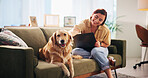 Dog, woman and laptop on sofa in home, relax and remote work with typing for project in lounge. Person, pet and golden retriever with freelance writing, care and together on couch in living room