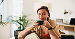 Happy, relax and woman in home with coffee for caffeine beverage or cappuccino in morning. Aroma, apartment and person with mug for calm, break and rest for wellness, peace or satisfaction on weekend