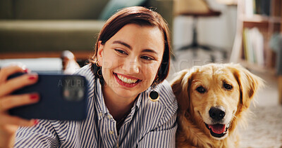 Buy stock photo Selfie, happy and woman with dog in home for relaxing, social media and playing together. Best friend, pet animal and owner bonding with Golden Retriever smile for profile picture, memory and photo