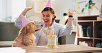 Birthday, cake and woman celebrate with dog in home for anniversary, surprise and party together. Animal, pet and person with Golden Retriever with dessert or treats for adoption, fun and bonding