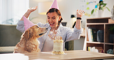 Buy stock photo Birthday, cake and woman celebrate with dog in home for anniversary, surprise and party together. Animal, pet and person with Golden Retriever with dessert or treats for adoption, fun and bonding