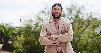 Buy stock photo Portrait, arms crossed and business man in city for travel or green consultant with confidence. Corporate, professional and happy worker outdoor, sustainability advisor and eco friendly specialist