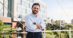Portrait, confidence and happy businessman in city for travel, ambition and urban planner with pride. Smile, arms crossed and professional employee outdoor on bridge with town developer in Germany