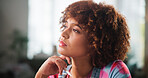 Thinking, business and woman in workspace, decision and research for ecommerce, choice or contemplation. Person, ideas or entrepreneur in office, creative or problem solving with solution or planning