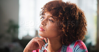 Buy stock photo Thinking, business and woman in workspace, decision and research for ecommerce, choice or contemplation. Person, ideas or entrepreneur in office, creative or problem solving with solution or planning
