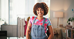 Small business, fashion portrait and girl with smile for clothing store, retail distribution and startup growth. Young shop owner, african person and happy in boutique for custom design or management