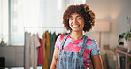 Happy woman, portrait and fashion designer with afro for small business or clothing design at home. Female person, tailor or creative freelancer with smile for dress making, garment or styling shop