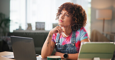 Buy stock photo Web designer, woman and thinking with laptop for small business, online startup or creative development at home. Female person, freelancer or remote worker in wonder or thought for multimedia design