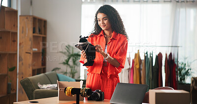 Buy stock photo Happy woman, jewelry designer or small business with fashion accessory for merchandise at home. Female person, seller or shop owner with stylish piece or necklace for clothing design at online store