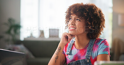 Buy stock photo Thinking, business and woman in workspace, doubt and research for ecommerce, decision and questions. Person, laptop and entrepreneur with choice, expression and confused with problem solving