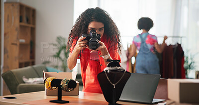 Buy stock photo Woman, photographer and home with jewelry for small business, fashion or digital marketing. Female person, freelancer or designer with camera for online startup, content creation or advertising sales