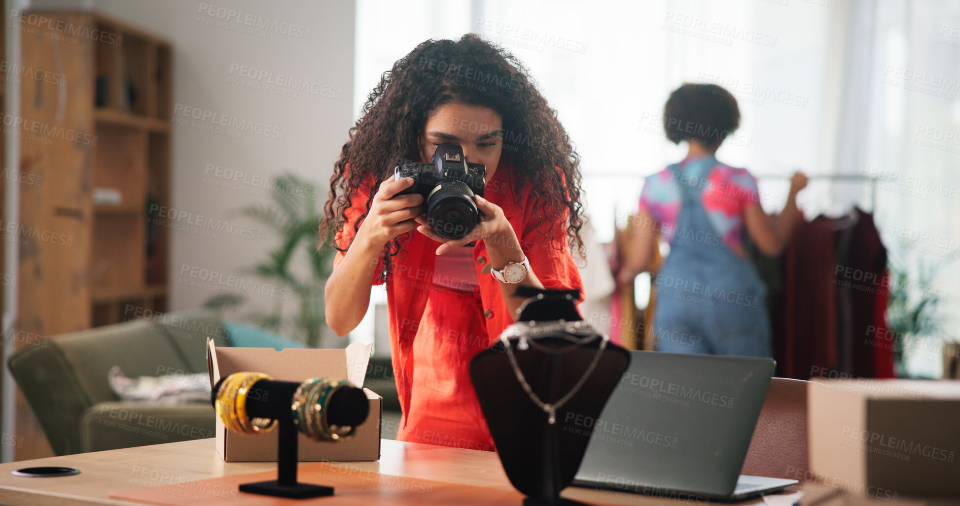 Buy stock photo Woman, photographer and home with jewelry for small business, fashion or digital marketing. Female person, freelancer or designer with camera for online startup, content creation or advertising sales