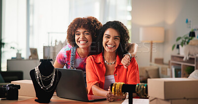 Buy stock photo Fashion, startup and women with support, portrait and smile with ecommerce, confidence or cooperation. Face, people or entrepreneur in boutique store, laptop or partnership with designers or teamwork